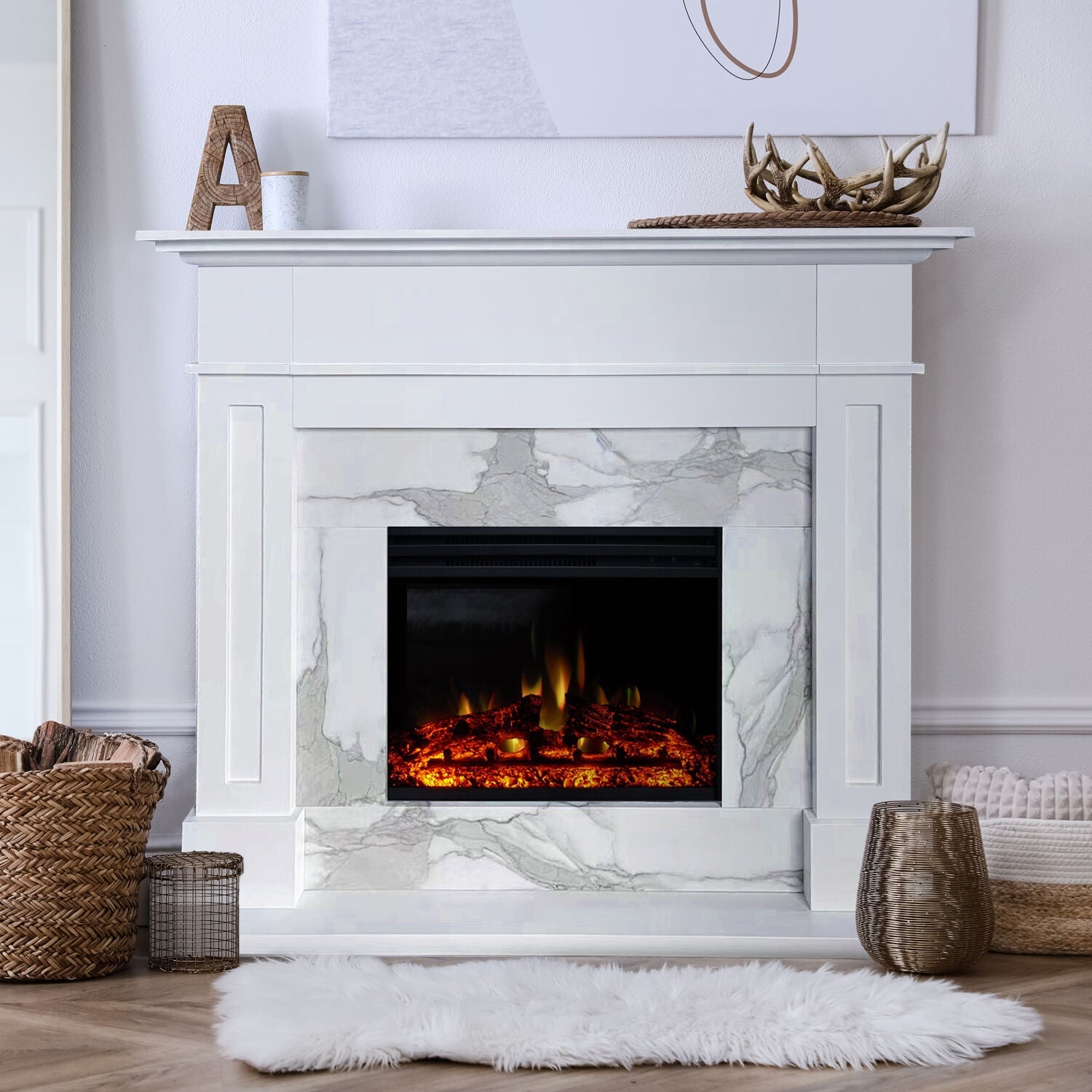 Sofia Cambridge 57-In. Modern Electric Fireplace Mantel with LED Multi-Color Faux Charred Log Display Insert | White Faux Marble | Heating for Living Room, Dining Room, Bedrooms up to 210 Sq.Ft.