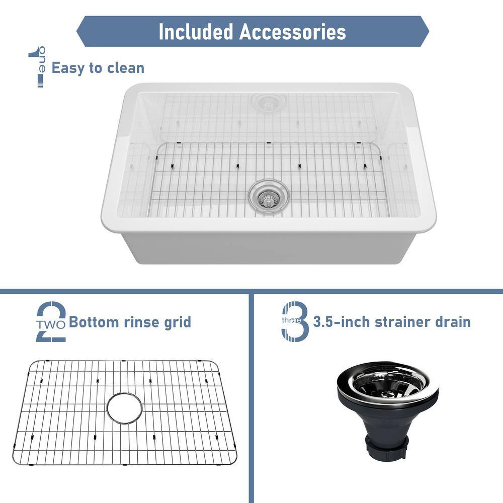 CASAINC Glossy White Fireclay 32 in. Single Bowl Undermount Kitchen Sink with Bottom Grid and Drainer CA-SN3219-W