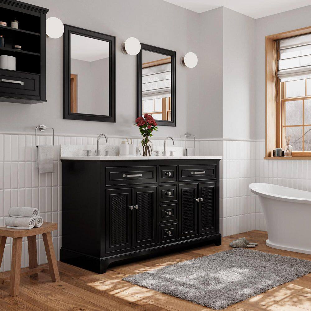 Home Decorators Collection Gillinger 60 in. W x 22 in. D x 35 in. H Double Sink Bath Vanity in Black Rattan with Engineered Carrara Top and Sink 1906VA60-312925