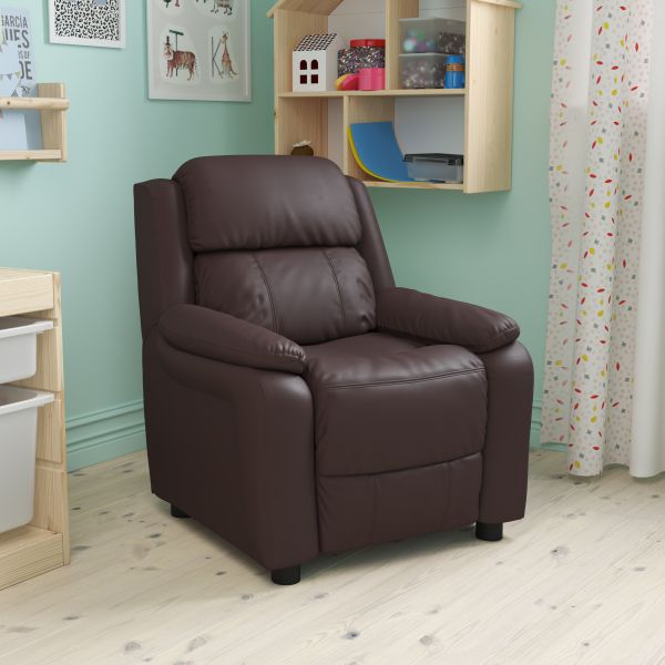 Flash Furniture Deluxe Heavily Padded Contemporary Brown Leather Kids Recliner with Storage Arms [BT-7985-KID-BRN-LEA-GG]