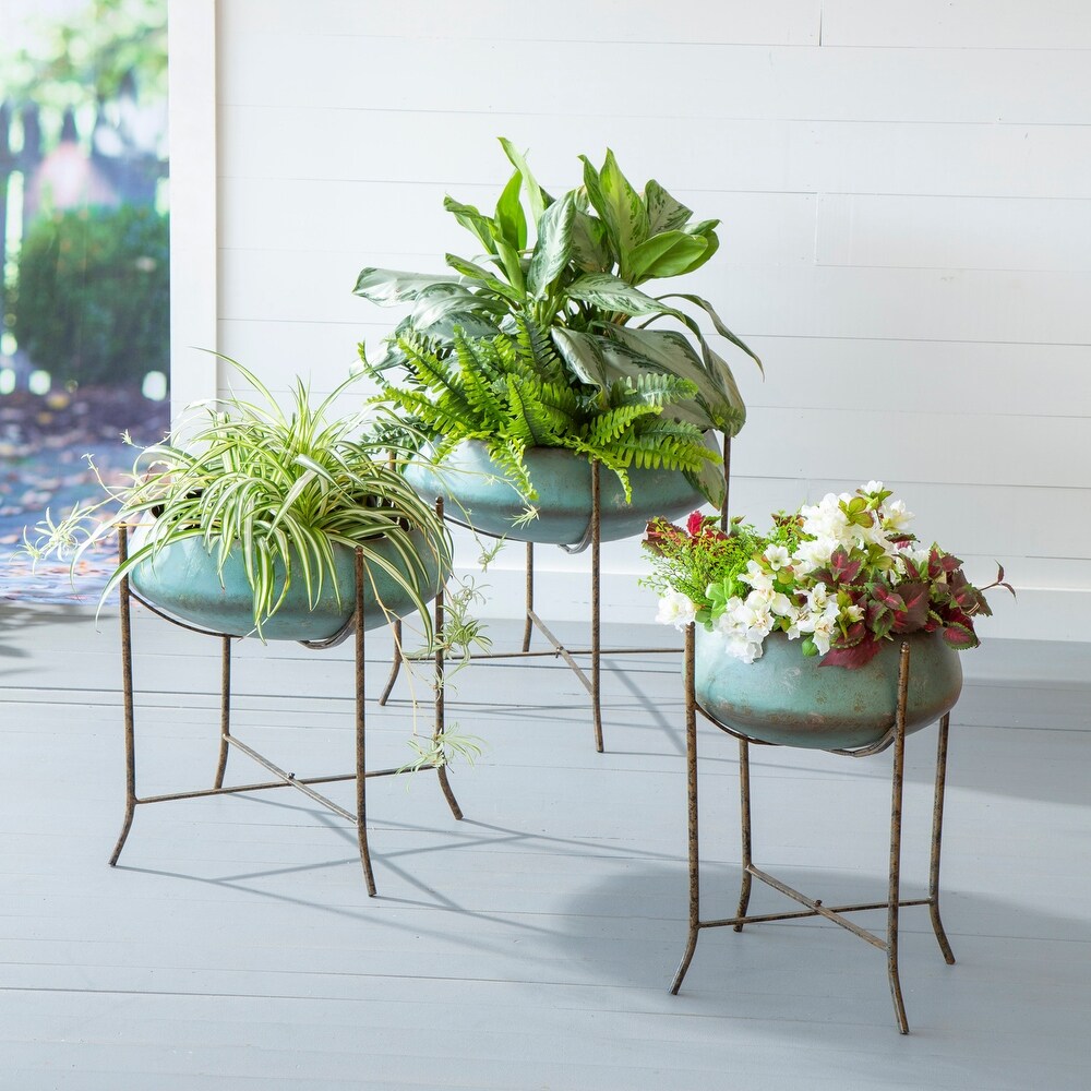 Oversize Verdigris Planter on Stand  Set of 3