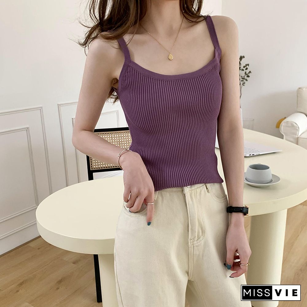 Candy Colors Camis Women Backless Solid Knitted Summer Slim All-Match Elegant Tank Tops Sleeveless Sexy Female Camisole Ulzzang