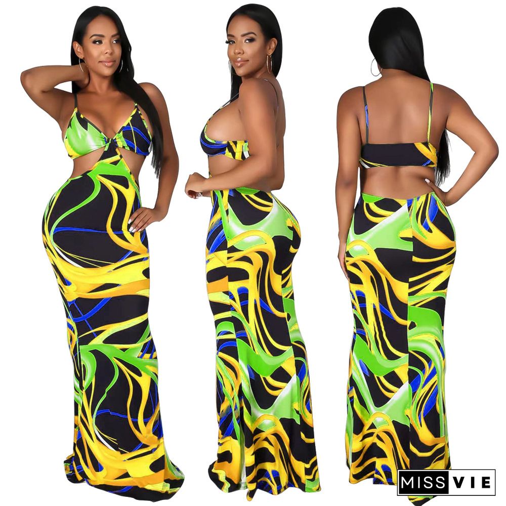 Sexy Tie Dye Sleeveless Spaghetti Straps V-Neck Hollow Out Stretchy Streetwear Bodycon Maxi Dresses