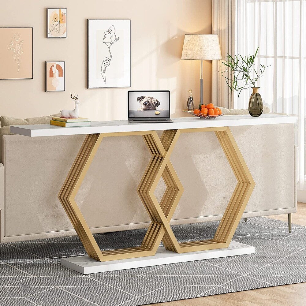 Modern 70.86 inches Sofa Table with Geometric Metal Base，Gold Entryway Table