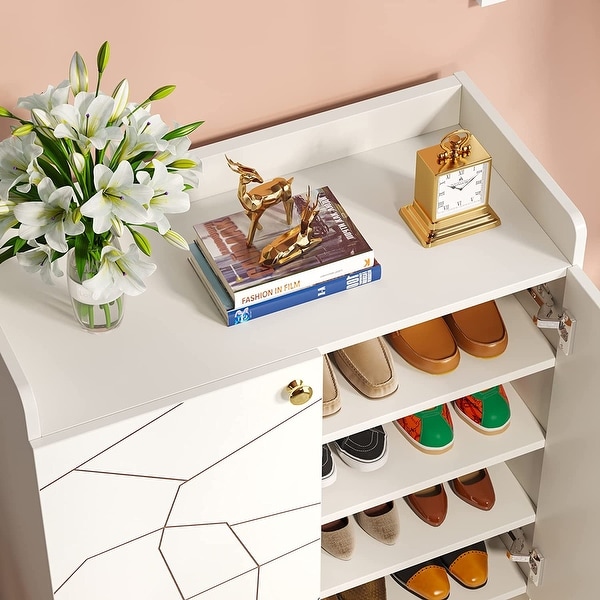 White Gold Shoe Cabinet with Door， 6-Tiers 2-Door Shoes Storage Organizer Cabinets - - 36912110