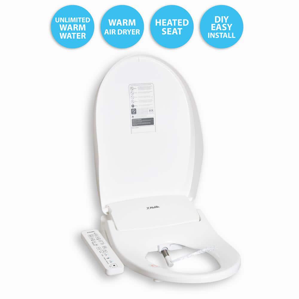 Hulife Electric Bidet Seat for Elongated Toilet with Unlimited Heated Water Heated Seat Dryer Control Panel in White