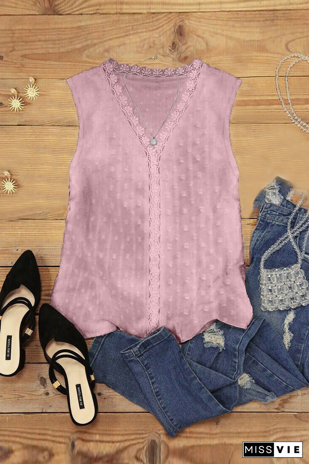 Pink Crochet V Neck Textured Tank Top