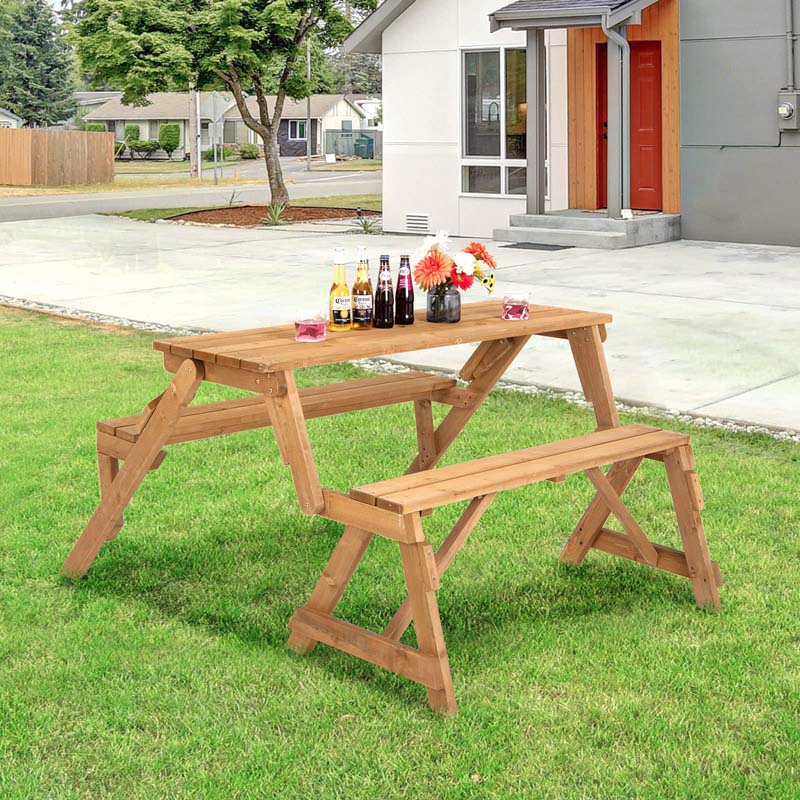 2-in-1 Convertible Wooden Picnic Table Garden Bench, Outdoor Folding Picnic Bench Set with Umbrella Hole