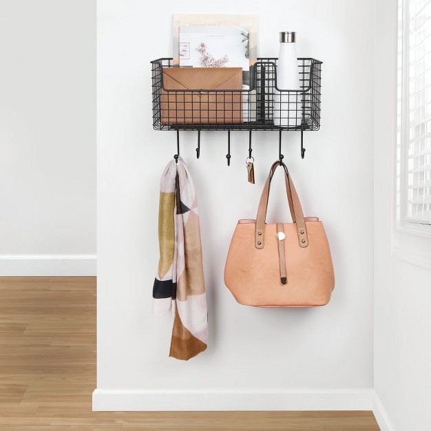 Mdesign Metal Storage Organizer Basket With 6 Hooks Wall Mount