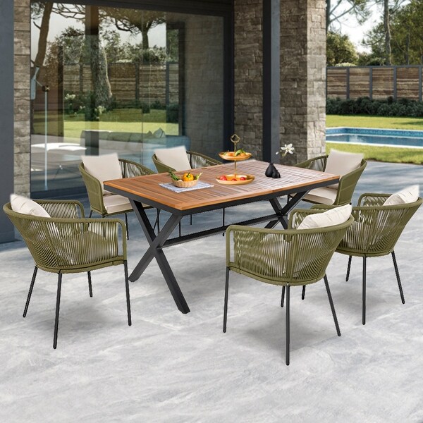 7Pieces Outdoor Dining Set with Chairs and Acacia Wood Tabletop，for Garden，Backyard，Patio