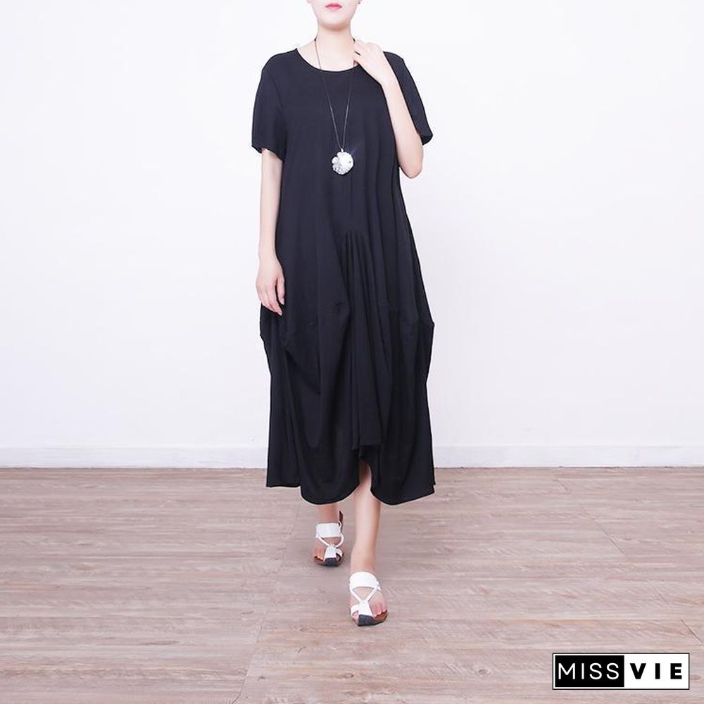 vintage black long linen dress plus size short sleeve linen clothing dresses New asymmetric hem maxi dresses