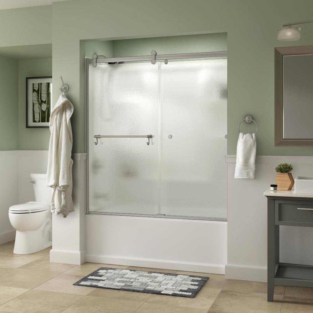 Delta Portman 60 x 58-34 in. Frameless Contemporary Sliding Bathtub Door in Nickel with Rain Glass SD2832635