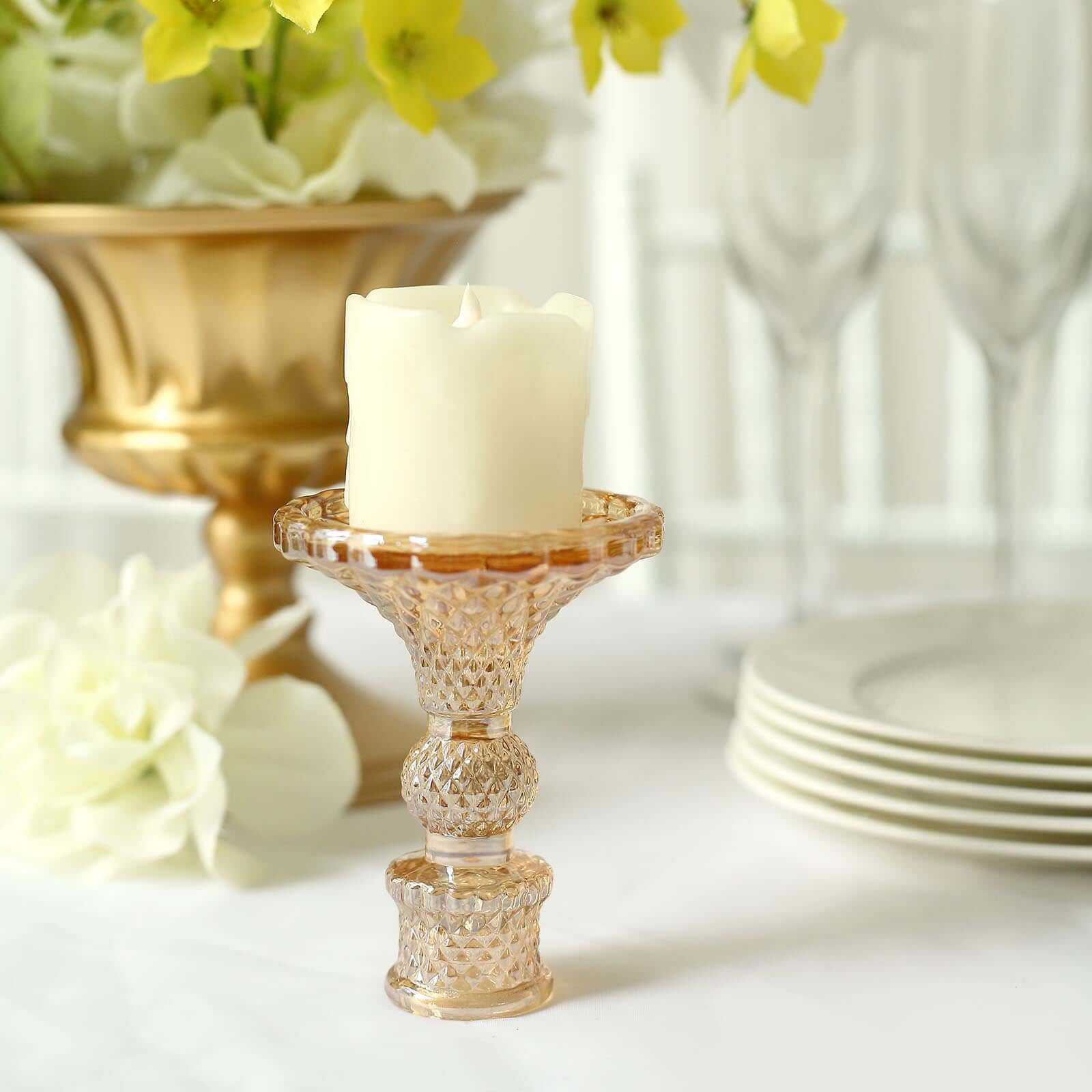 6 Pack Amber Gold Glass Diamond Pattern Taper Candlestick Holders, Reversible Crystal Pillar Votive Candle Stands 4