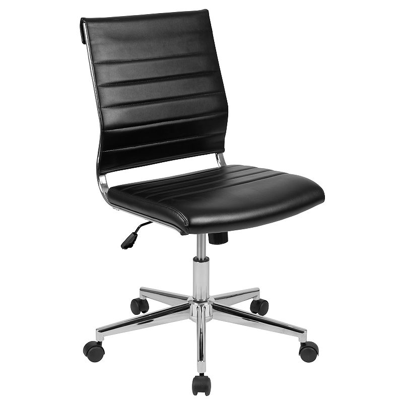 Merrick Lane Corrina Black Ergonomic Swivel Office Chair Ribbed Faux Leather Back and Seat Mid-Back Armless Computer Desk Chair with Chrome Base