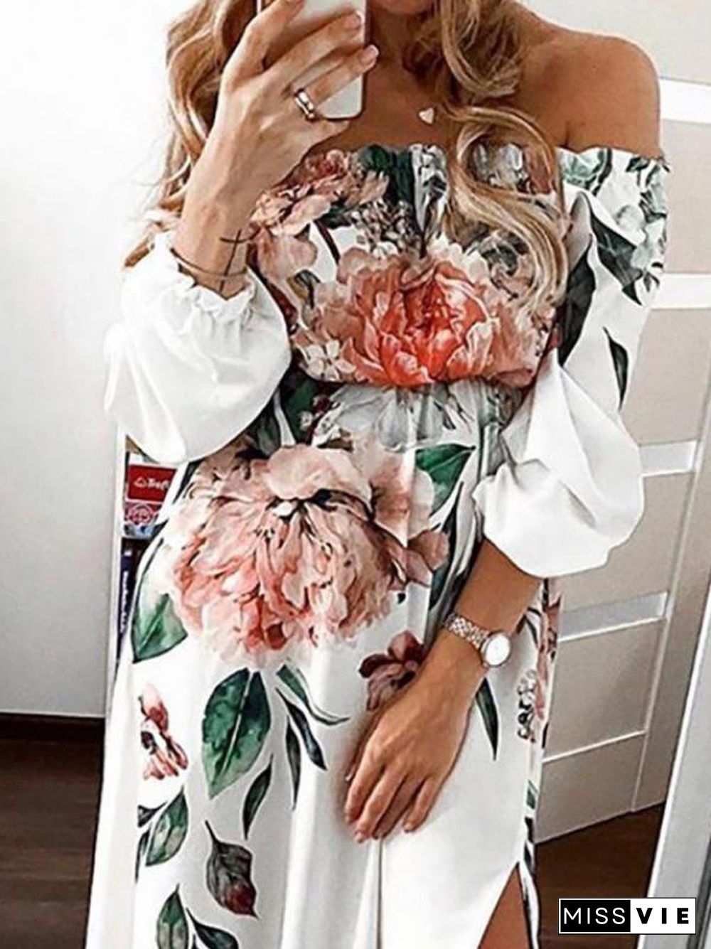 Women'S Dresses Floral One-Shoulder Long Sleeve Split Dress