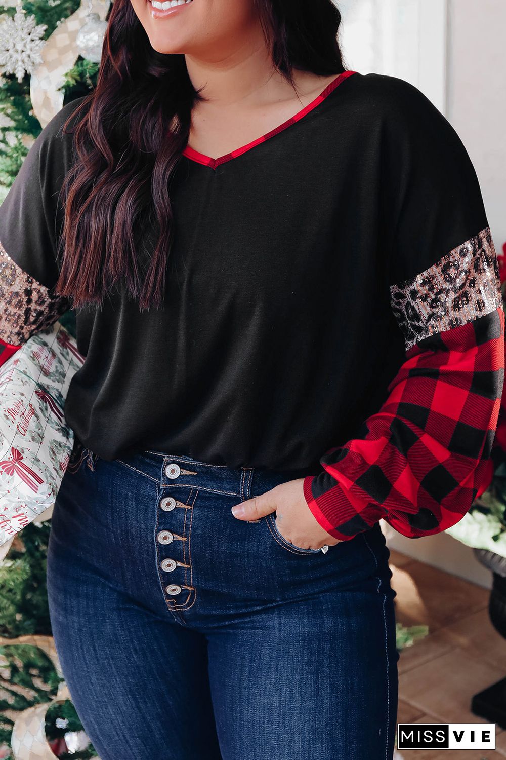 Black Sequined Leopard Insert Plaid Sleeve Plus Size Top