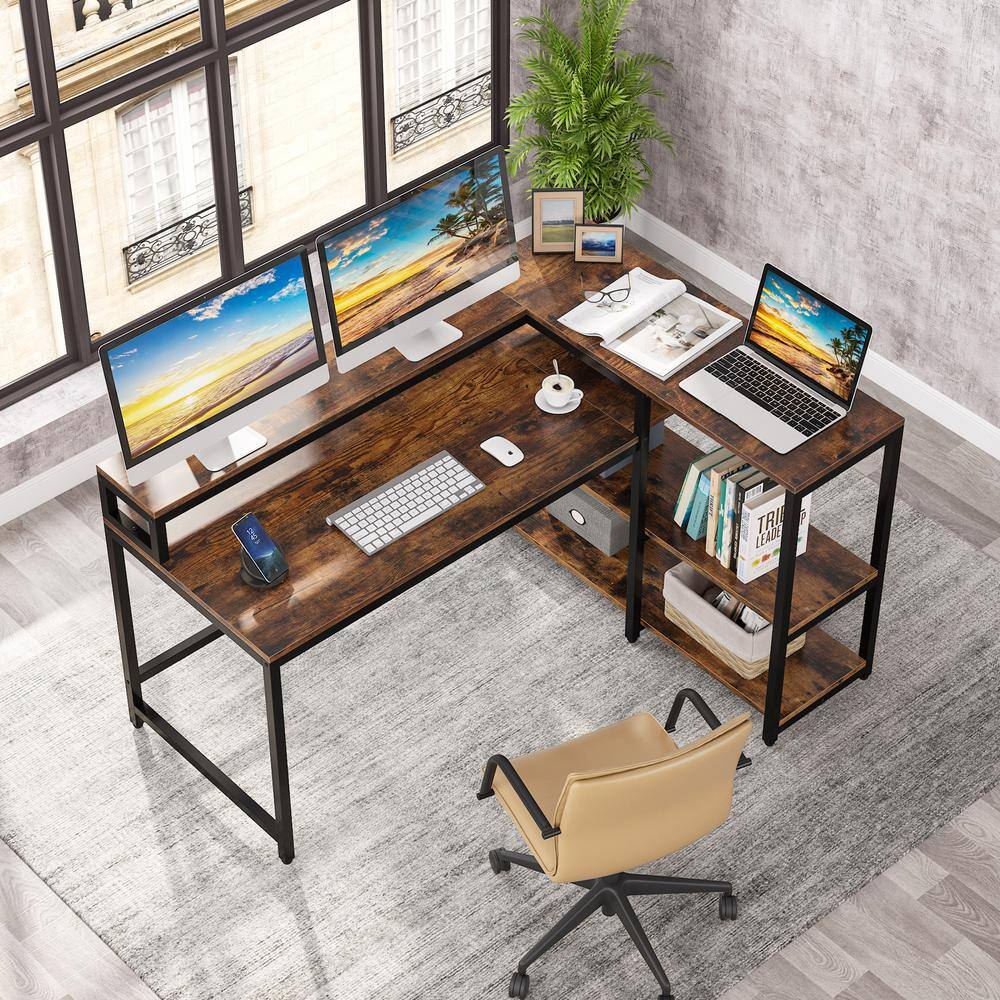 TRIBESIGNS WAY TO ORIGIN Halseey 55 in. W L-Shaped Brown Corner Computer Desk Writing Studying Reading Desk 2-Tier Storage Shelves Monitor Stand HD-JW0052-WZZ