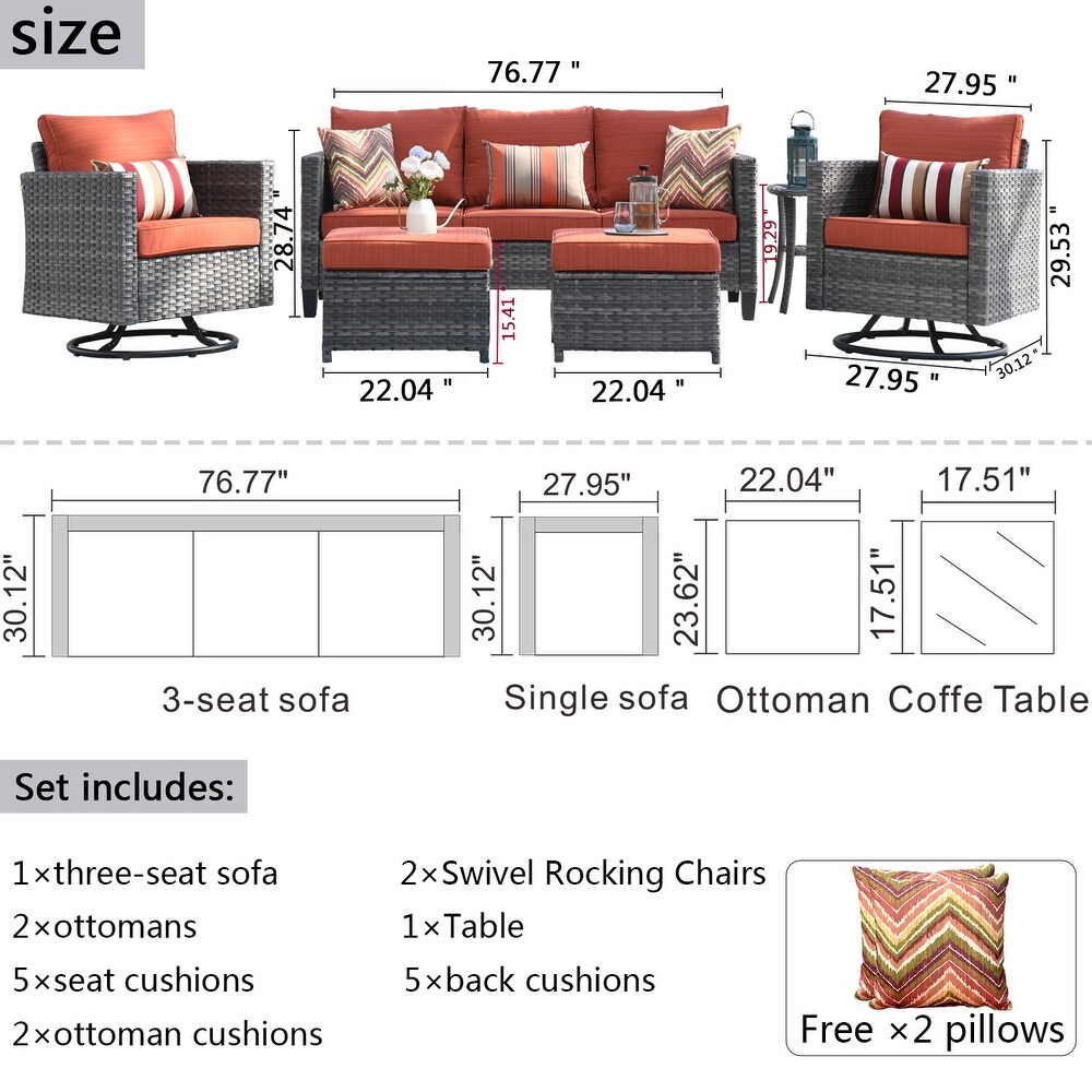 OVIOS Wicker Sectional Sofa and Swivel Rocking Chair 6 piece Set