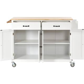 Tileon White Solid Wood 54.3 in. Kitchen Island with 2-Drawers 4-Doors Spice Rack and Towel Rack AYBSZHD2854