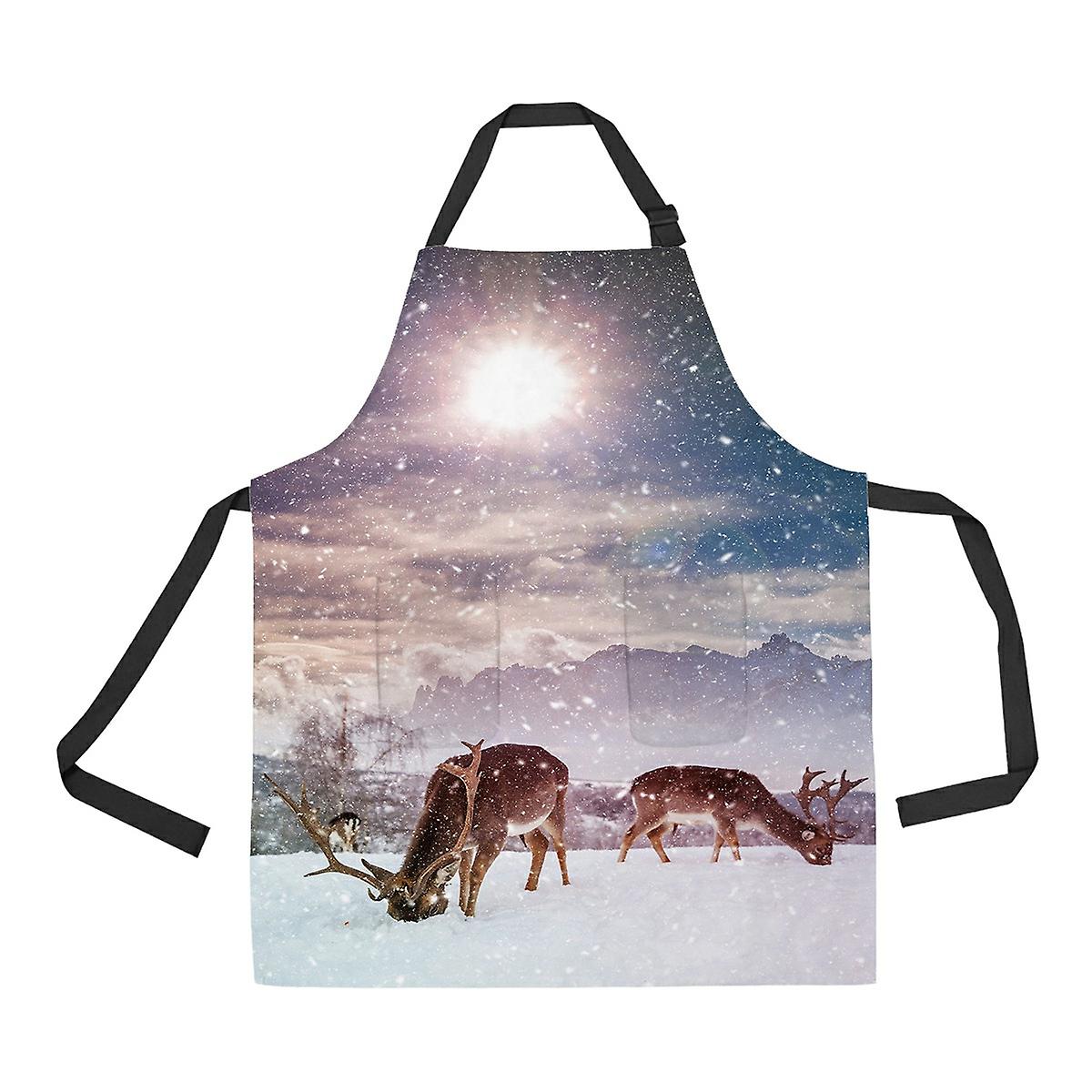 Fairy-tale Picture With Deer In Heavy Snowfall Apron Home Kitchen Apron With Pockets