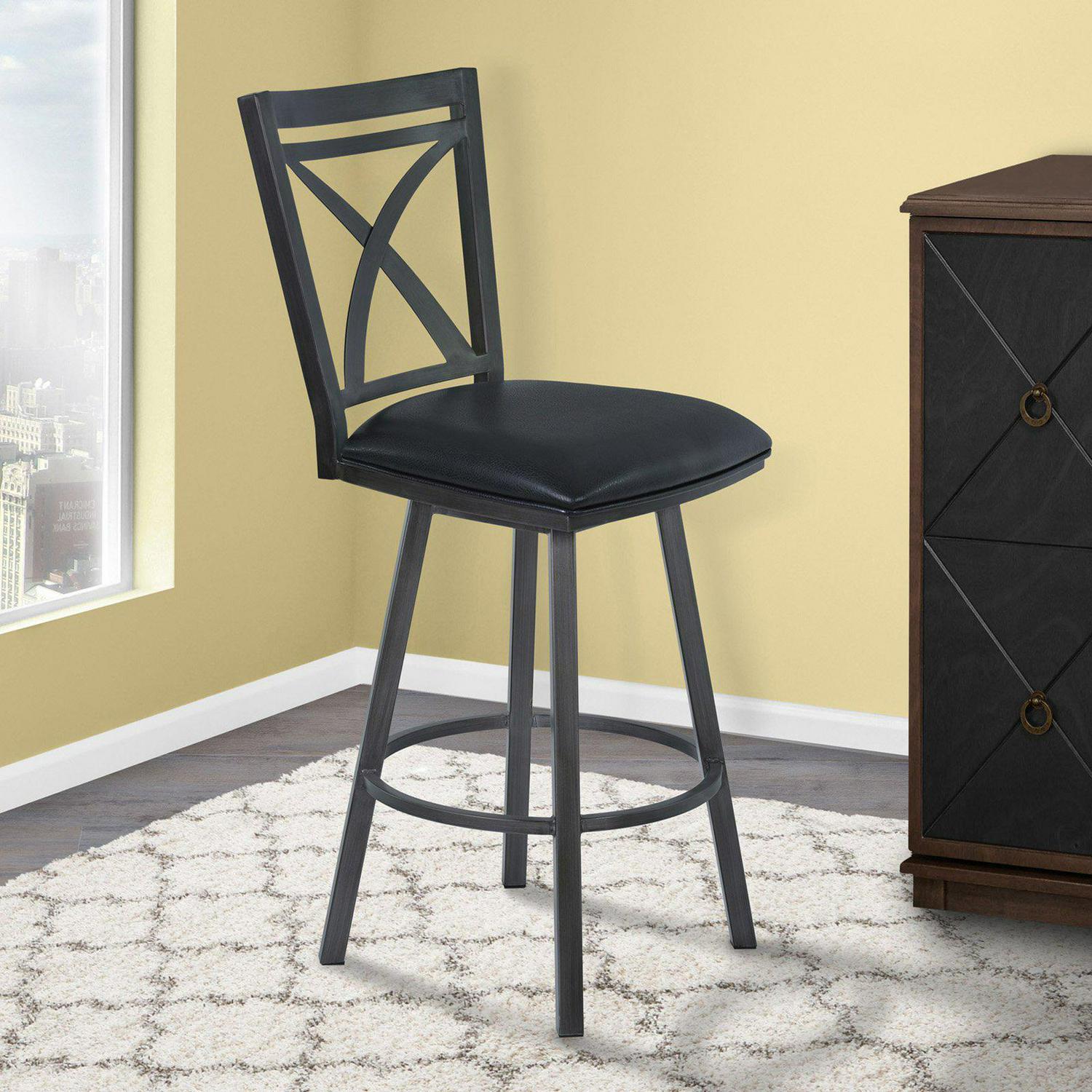 Armen Living Nova 30  Bar Height Metal Swivel Brastool in Ford Black Pu and Mineral Finish  Crowdfused