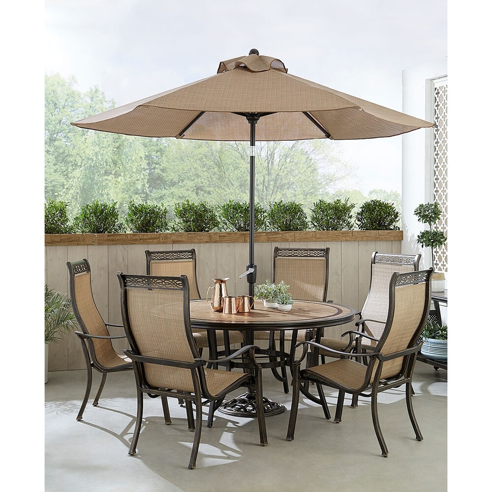 Hanover Monaco 7 Piece Outdoor Dining Set with 6 Sling Dining Chairs  60 in. Tile Top Table  and 9 ft. Umbrella