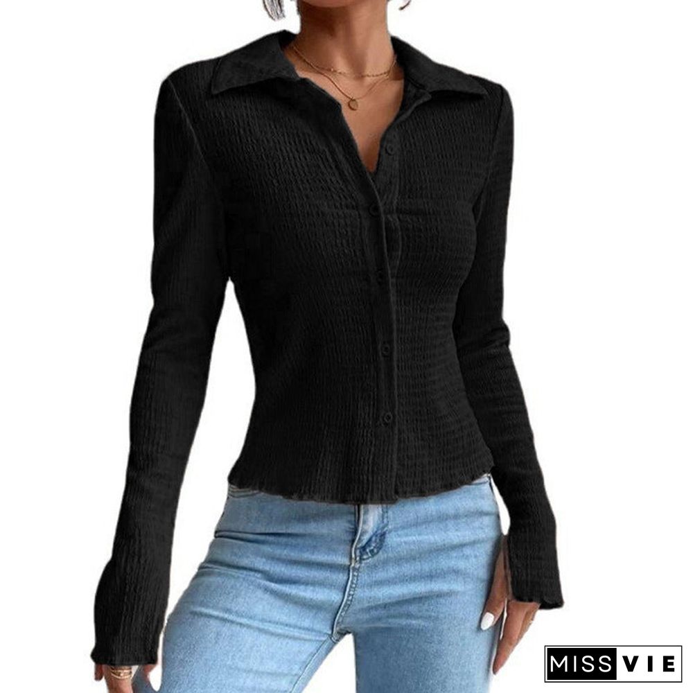 Women's Solid Color Stitching Sleeve Button Lapel Blouses