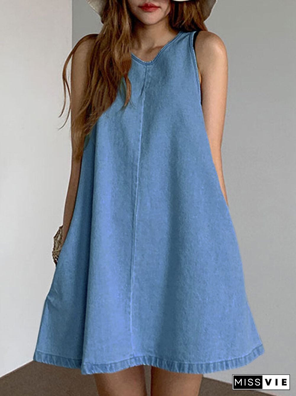 Solid A-line Pocket Sleeveless Crew Neck Denim Casual Dress