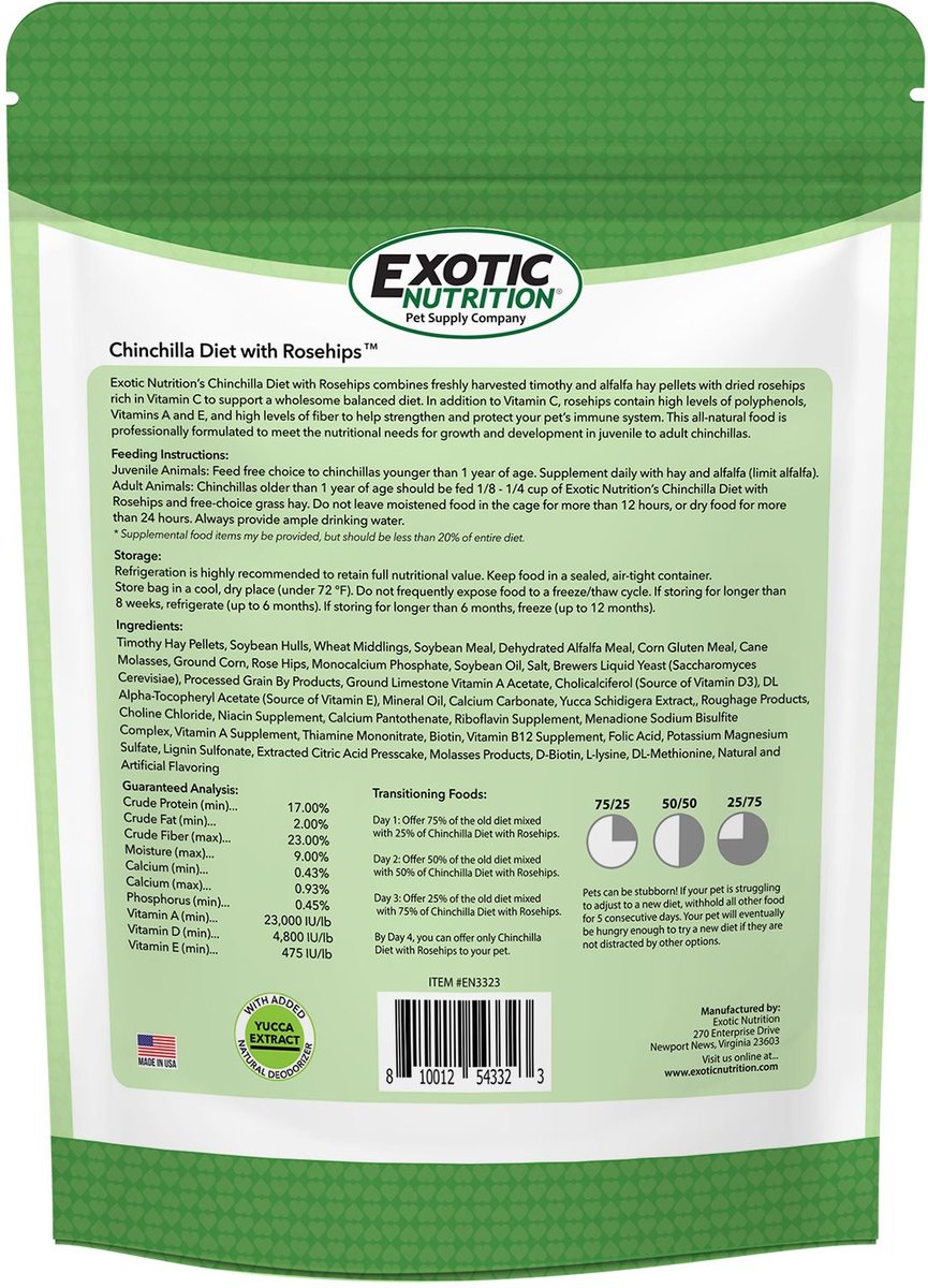 Exotic Nutrition Chinchilla Diet with Rose Hips Small-Pet Food， 2-lb bag