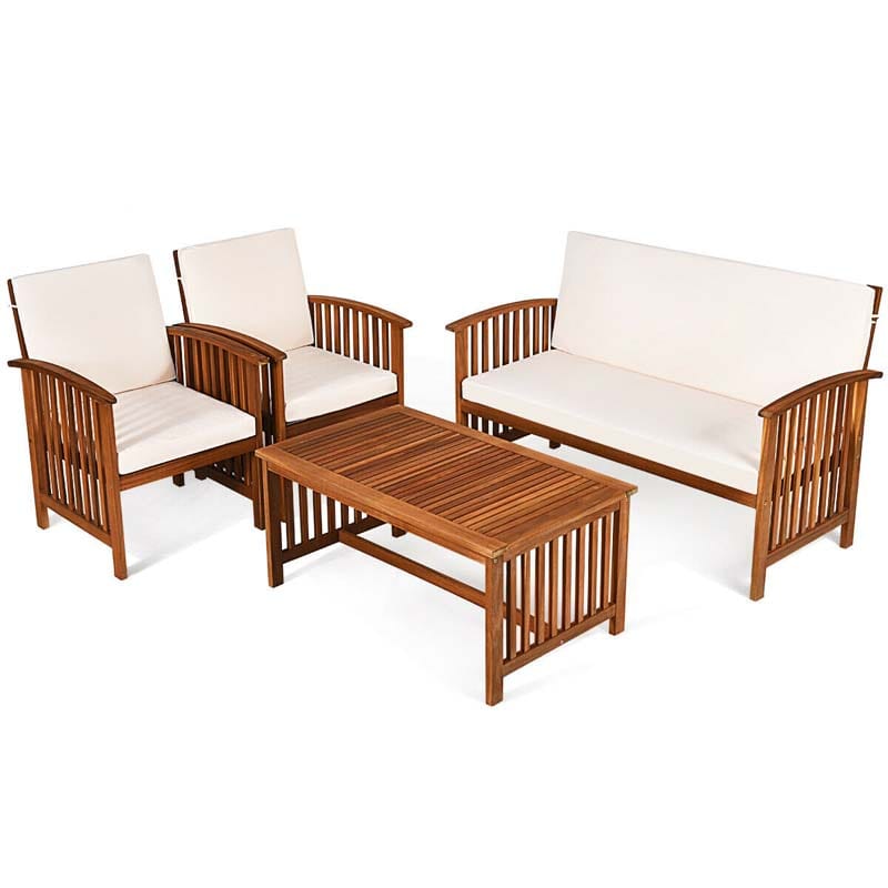 4 Pcs Outdoor Acacia Wood Sofa Set Patio Conversation Furniture Set with Cushions & Coffee Table