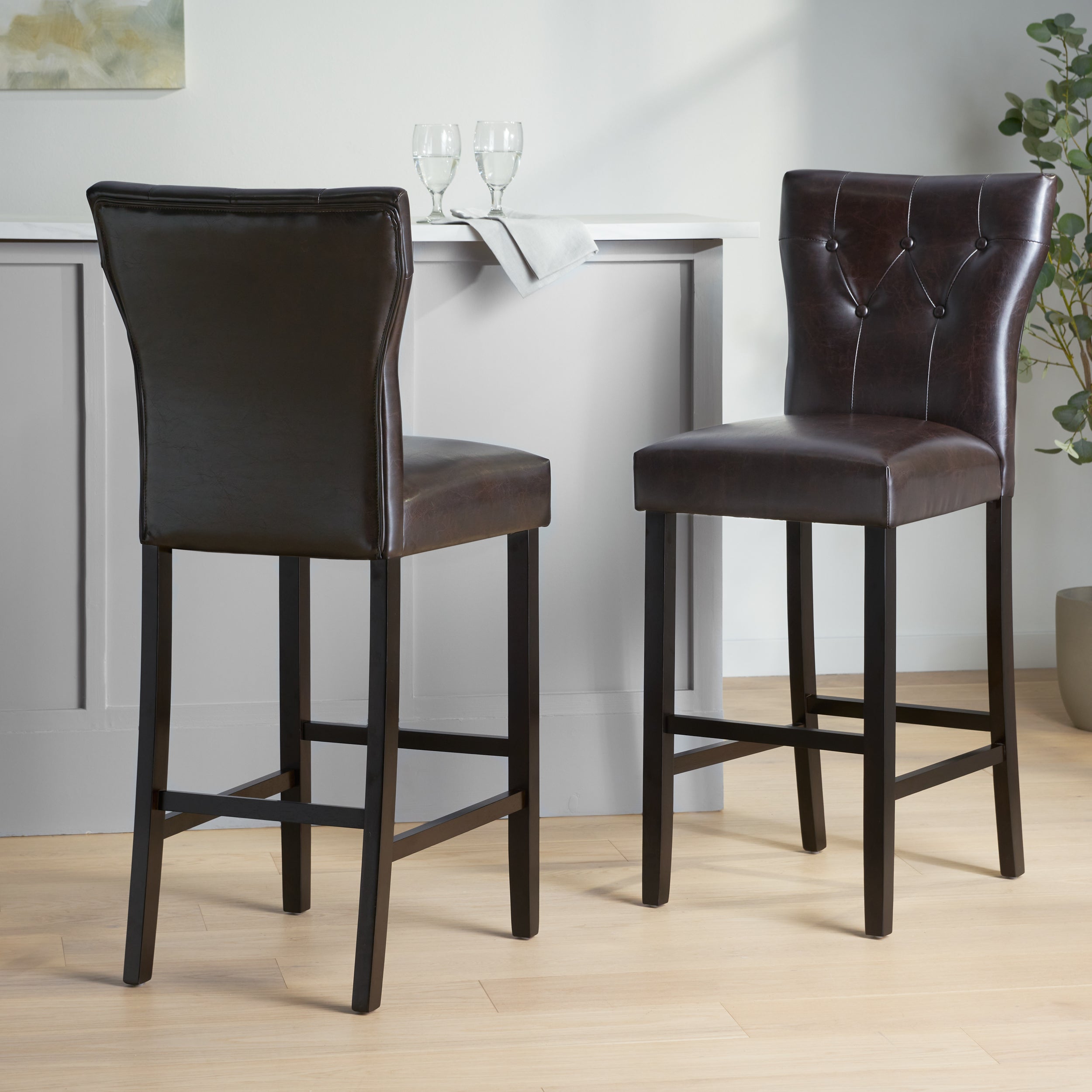 Pierre Contemporary Button Tufted Brown Leather Backed Barstools