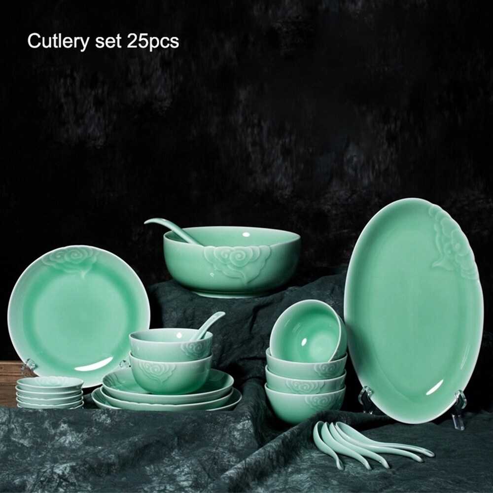 25pcs Ceramic Set Celadon Plum Cyan