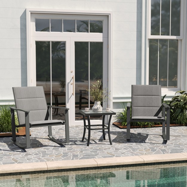 Merrick Lane 3 Piece Outdoor Bistro Set With Flex Comfort Rocking Chairs And Steel Framed Glass Top Table