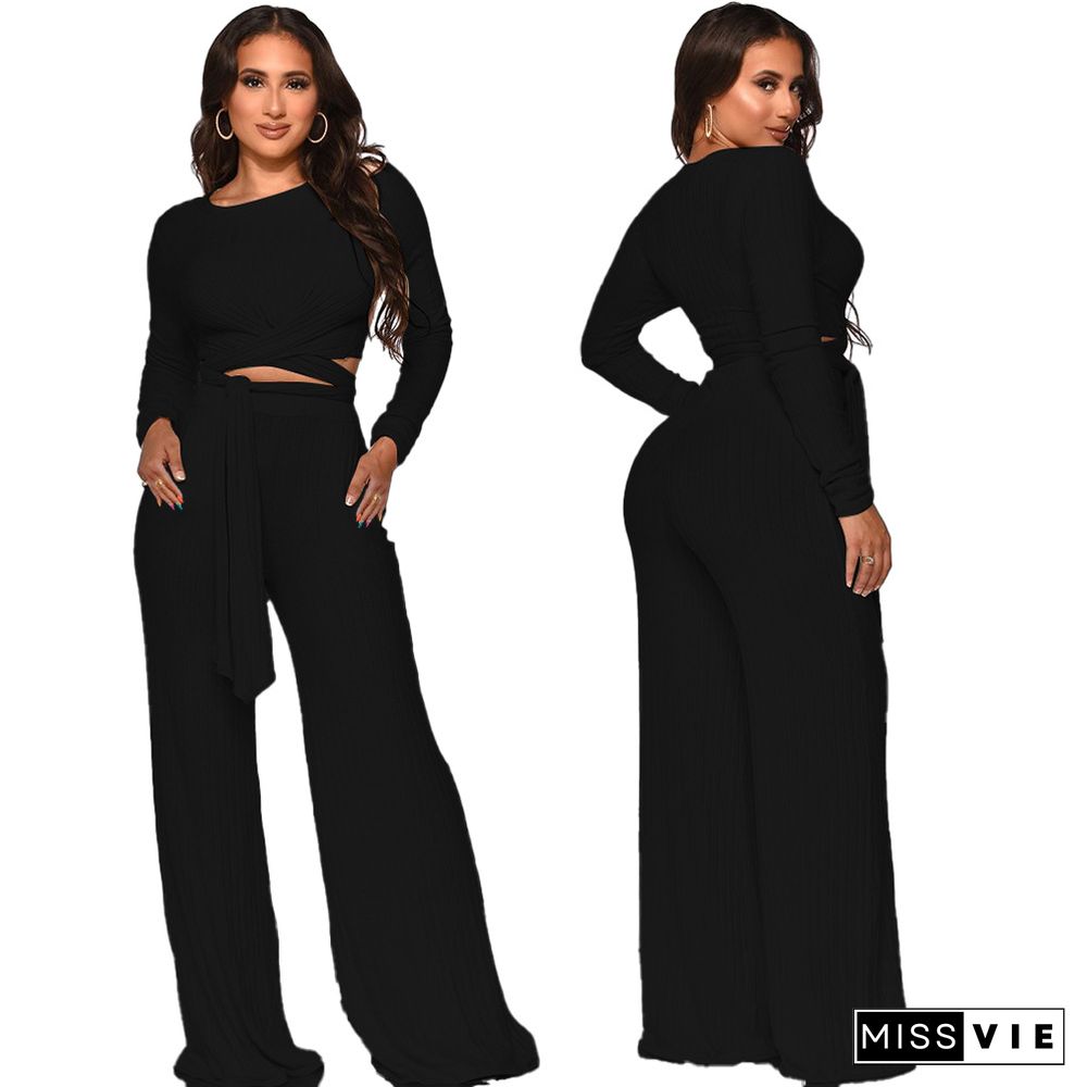 Ribbed Lace Up Crop Tops Wide Leg Pants Set