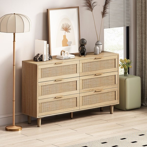 6 Drawer Dresser Rattan Storage Cabinet Modern Chest with Drawers， Storage Closet Dressers Chest of Drawers for Bedroom - - 37851502