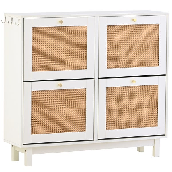 Rattan Boho Style Shoe Cabinet with 4 Flip Drawers， 2-Tier Free Standing Shoe Rack with Large Space， for Entrance Hallway - - 37534620