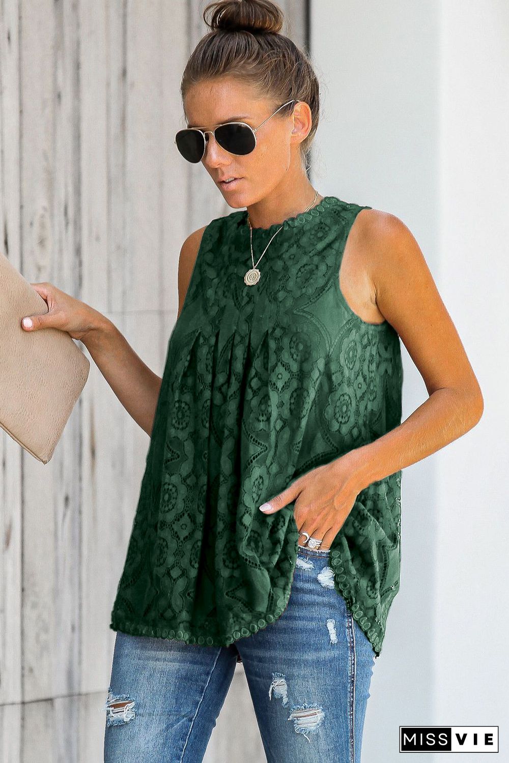 Green Lace Hollow Out Sleeveless T-Shirt