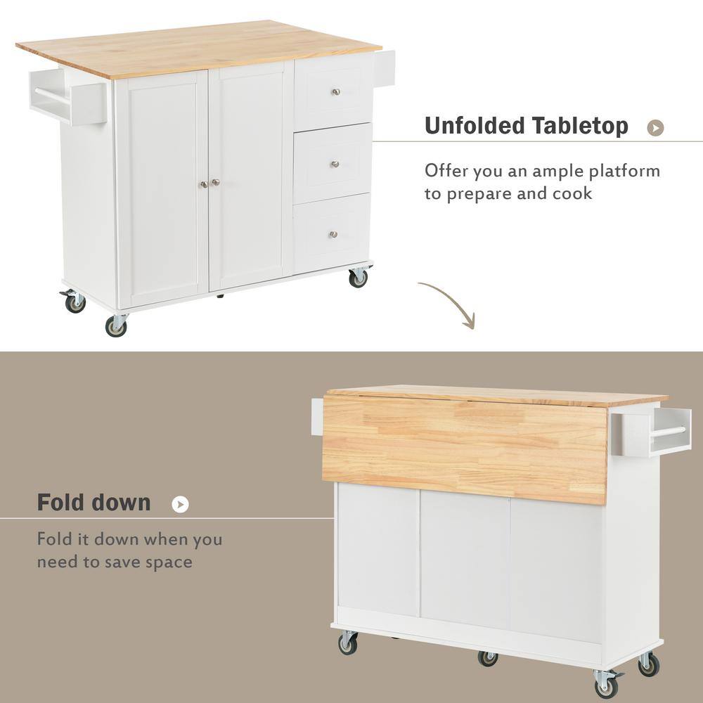 Tileon White Solid Wood 52.76 in. Kitchen Island with Drop-Leaf Table Top and 3-Drawers AYBSZHD2849