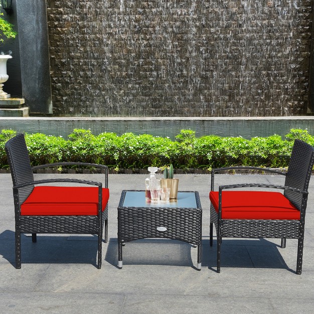 Tangkula 3 Pcs Patio Wicker Rattan Furniture Set Coffee Table amp 2 Rattan Chair W Cushion Red