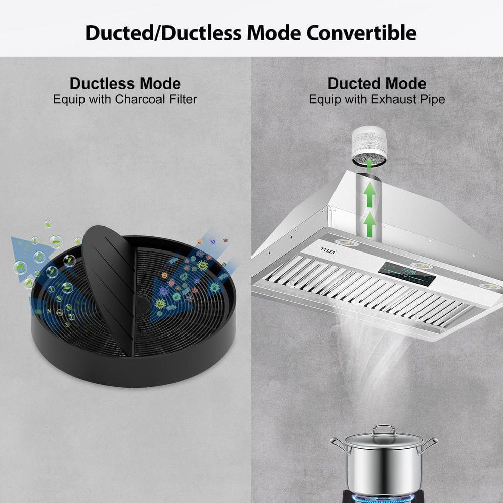 Tylza 30  900 CFM Convertible Ductless to Ducted Insert Range Hood in Stainless Steel with Charcoal Filter and Exhaust Pipe