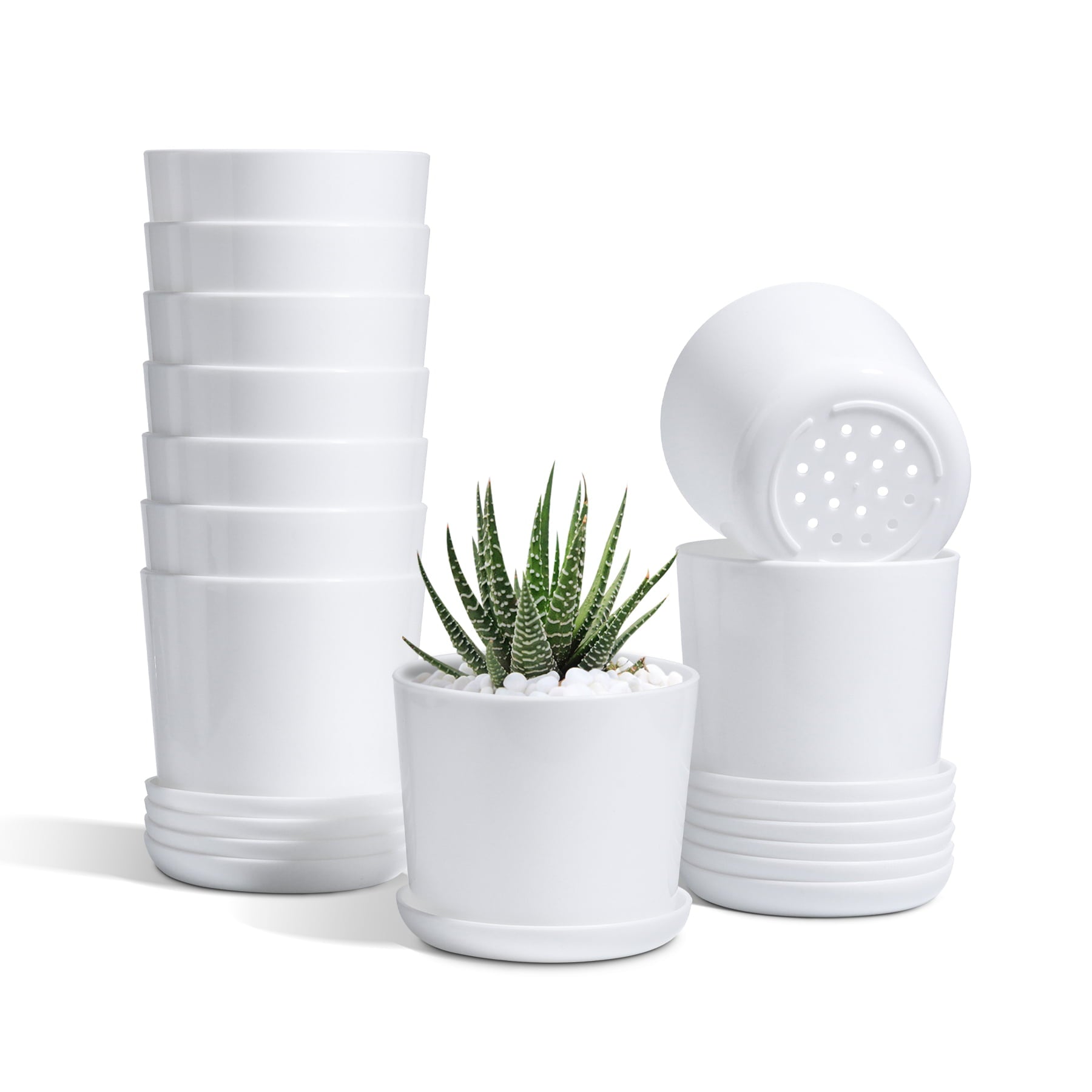 T4U 4 inches White Plastic Planters Plant Pots with Saucers, Set of 10