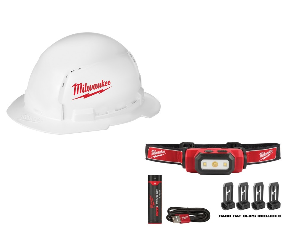 Milwaukee Full Brim Vented Hard Hat with USB Headlamp