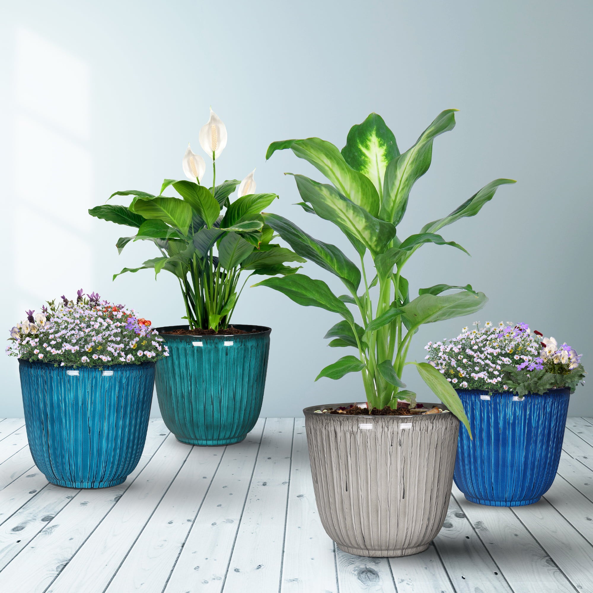 Better Homes & Gardens Kamala Light Blue Resin Planter, 15.7in x 15.7in x 14in