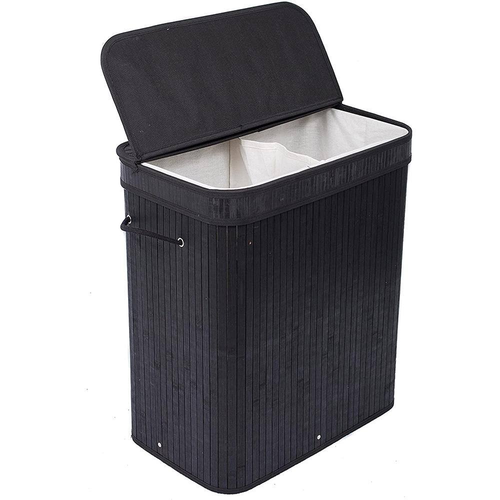 BirdRock Home Black Bamboo Double Laundry Hamper with Lid and Cloth Liner 6539