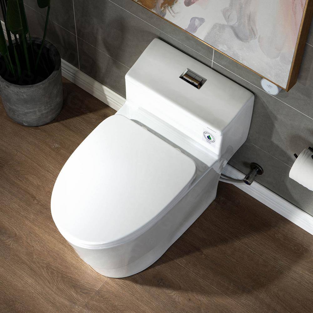 WOODBRIDGE 1-piece 1.28 GPF Conserver High Efficiency Dual Flush All-in-One Toilet with Soft Closed Seat Included in White HB0735