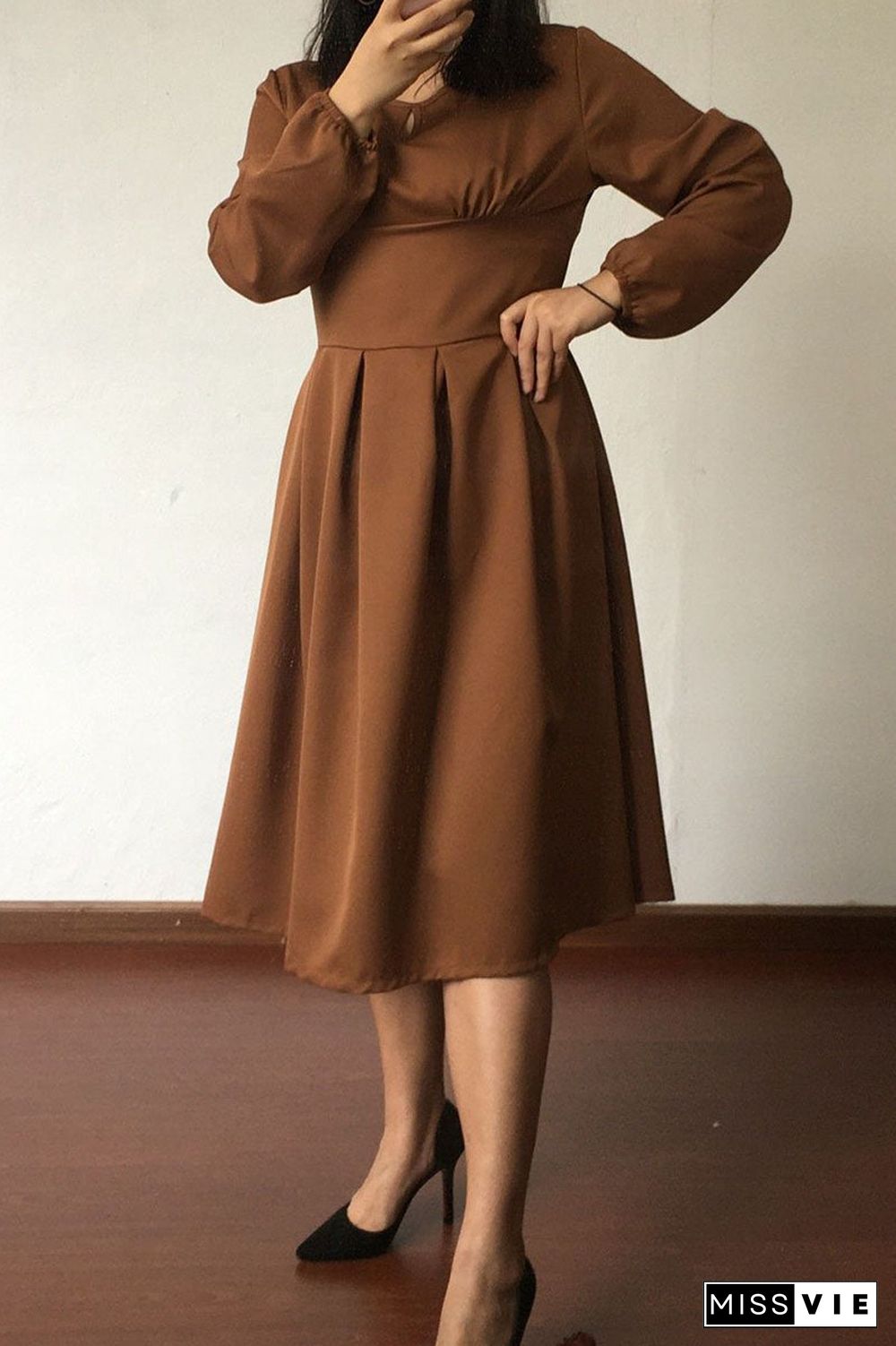 Elegant Solid Patchwork O Neck Waist Skirt Dresses(4 Colors)