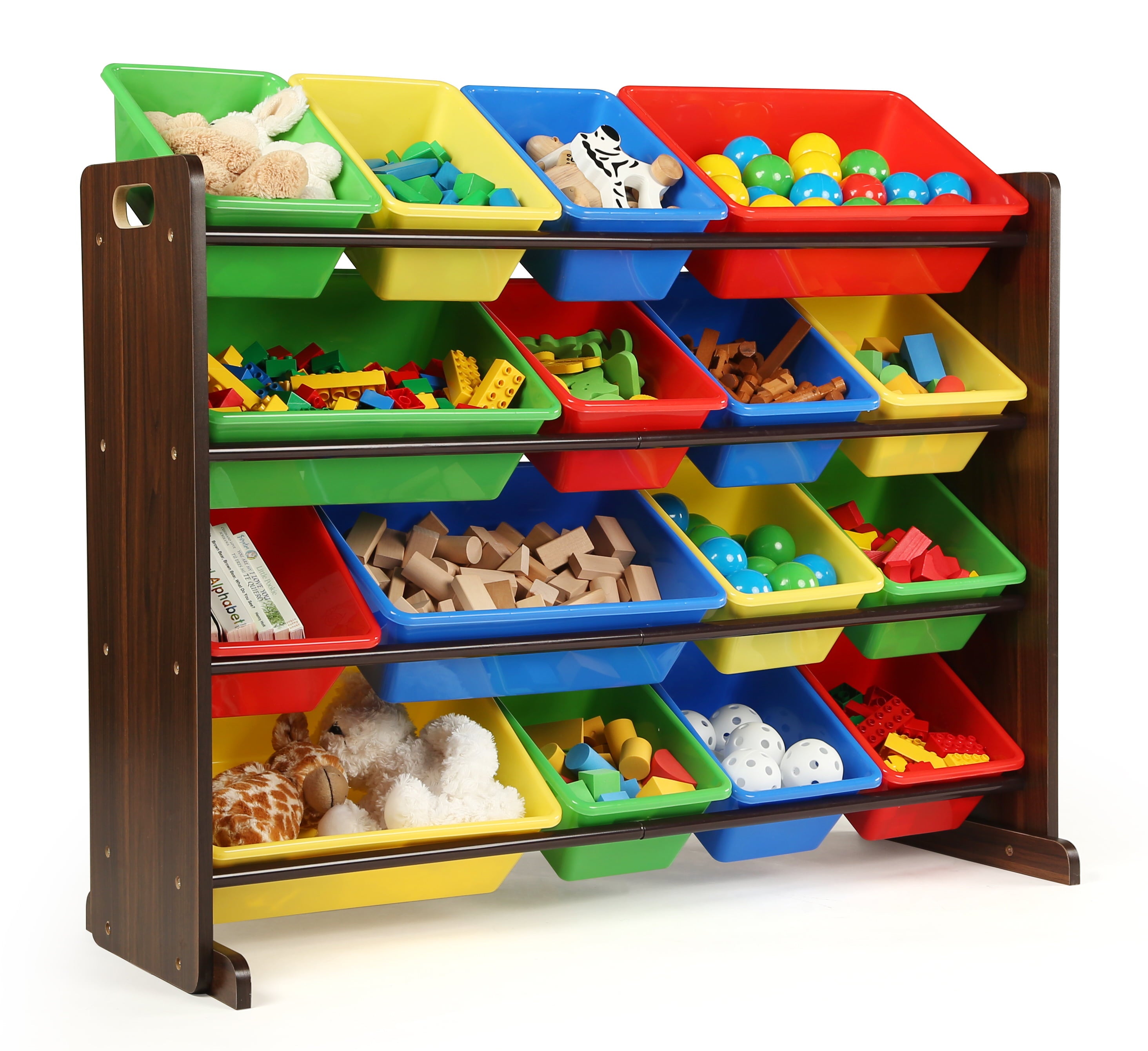 Humble Crew Dark Walnut Kids Toy Storage Organizer with 16 Multi Colored Plastic Storage Bins