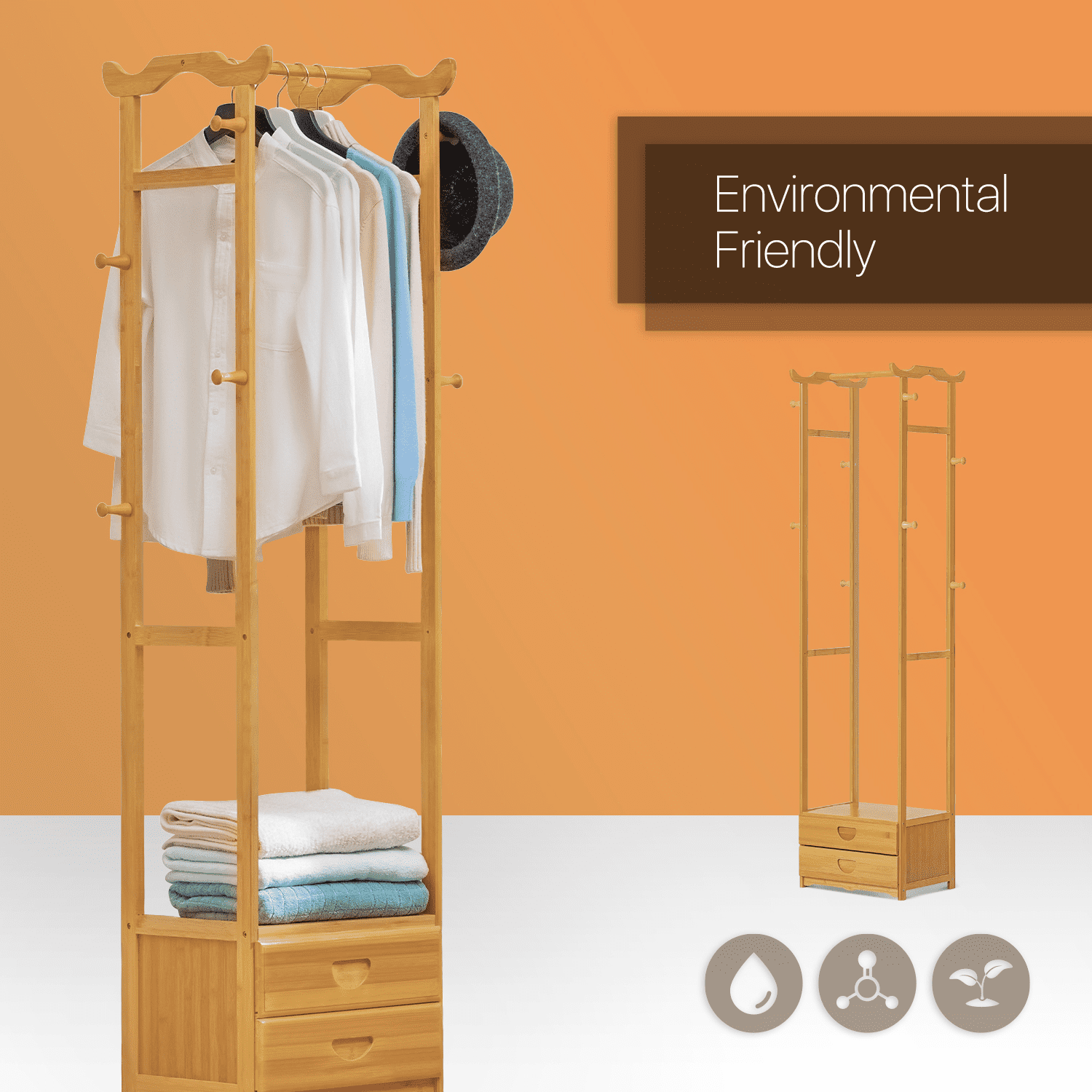 MoNiBloom Bamboo 2 Tiers 2 Drawers Coat Rack， Modern Clothes Storage Shelf， Natural， for Bedroom