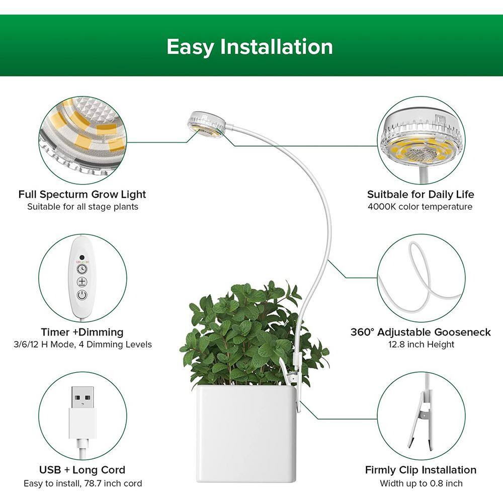 SANSI 5-Watt White Clip LED Grow Light 4000K Daylight for Indoor Plants Full Spectrum with 4-Level Dimmable Auto OnOff 01-03-001-050502