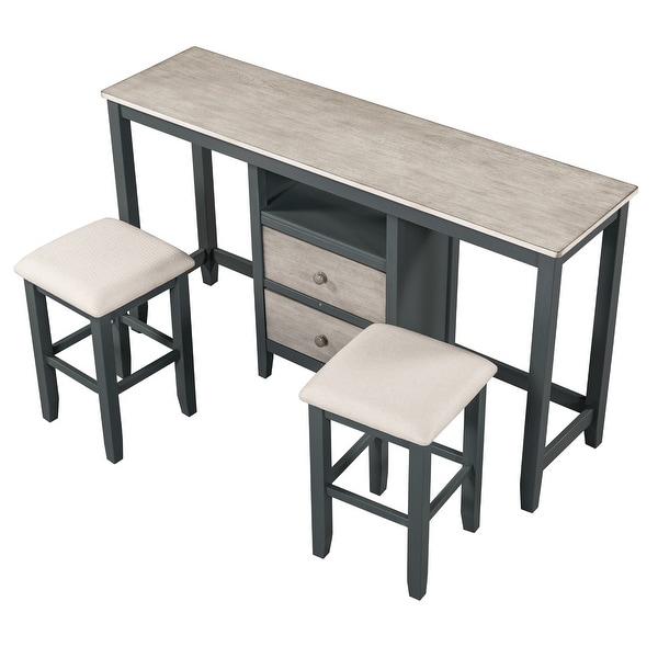 3piece Counter Height Wood Dining Table Set With Cabinet，2 Storage Drawers And 2 Stools